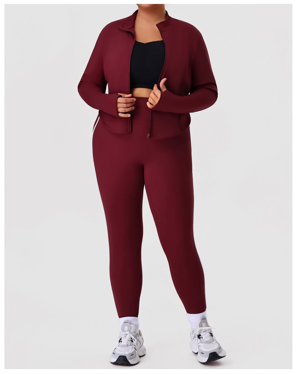 Plus Size Yoga Set — Stand Collar Jacket & Cropped Pants