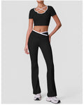 Sports Set with Padded Top, Color-Blocked Fitness Short-Sleeve Yoga Pants.