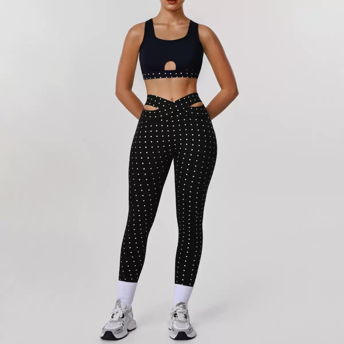 New Polka Dot Breathable Yoga Set with Crisscross Straps High-Waisted Two-Piece Fitness Training Sports Outfit