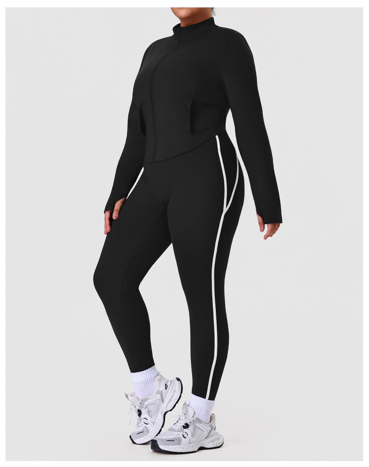 Plus Size Yoga Set — Stand Collar Jacket & Cropped Pants