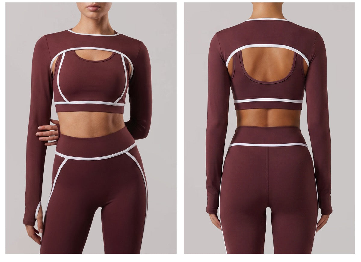 Nude 3 piece sport yoga suit women's high end shoulder top shockproof bra running tight sets