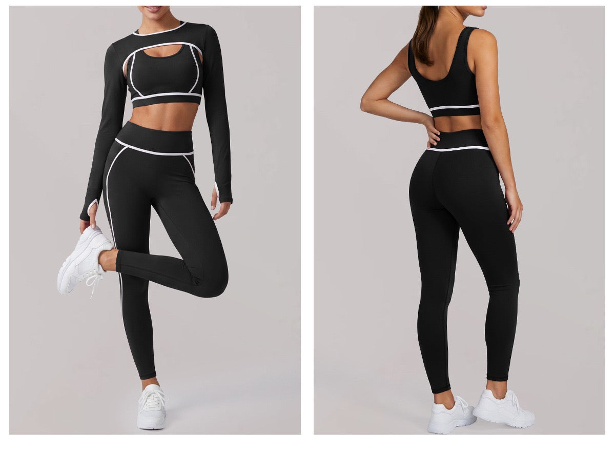 Nude 3 piece sport yoga suit women's high end shoulder top shockproof bra running tight sets