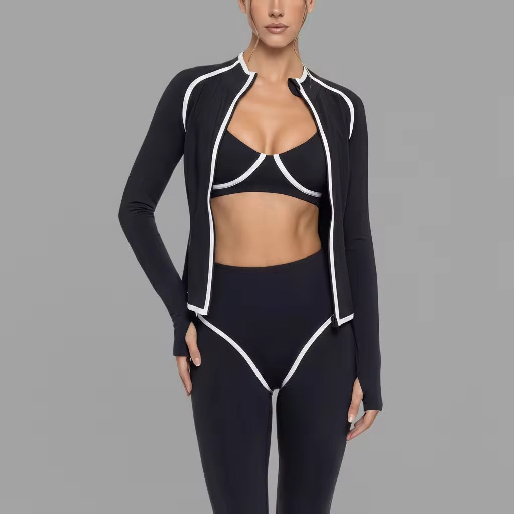 Women 3 piece yoga set with stand collar zipper fitness shaping cinched waist short sports long sleeve for cycling