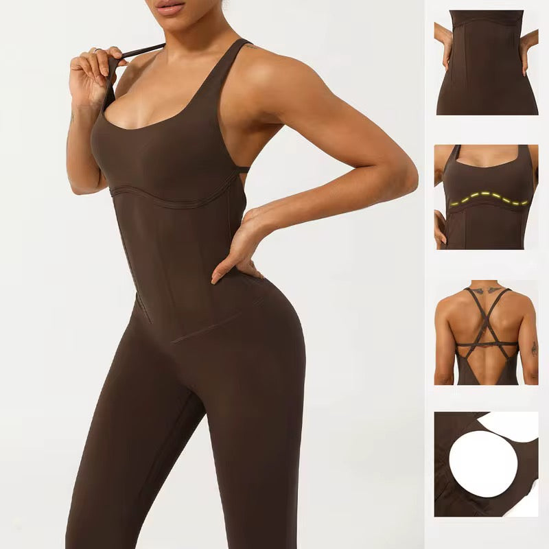 Elastic Tight Yoga Fishbone One-Piece Suit with Adjustable Shoulder Straps and Figure-Controlling Yoga Clothes