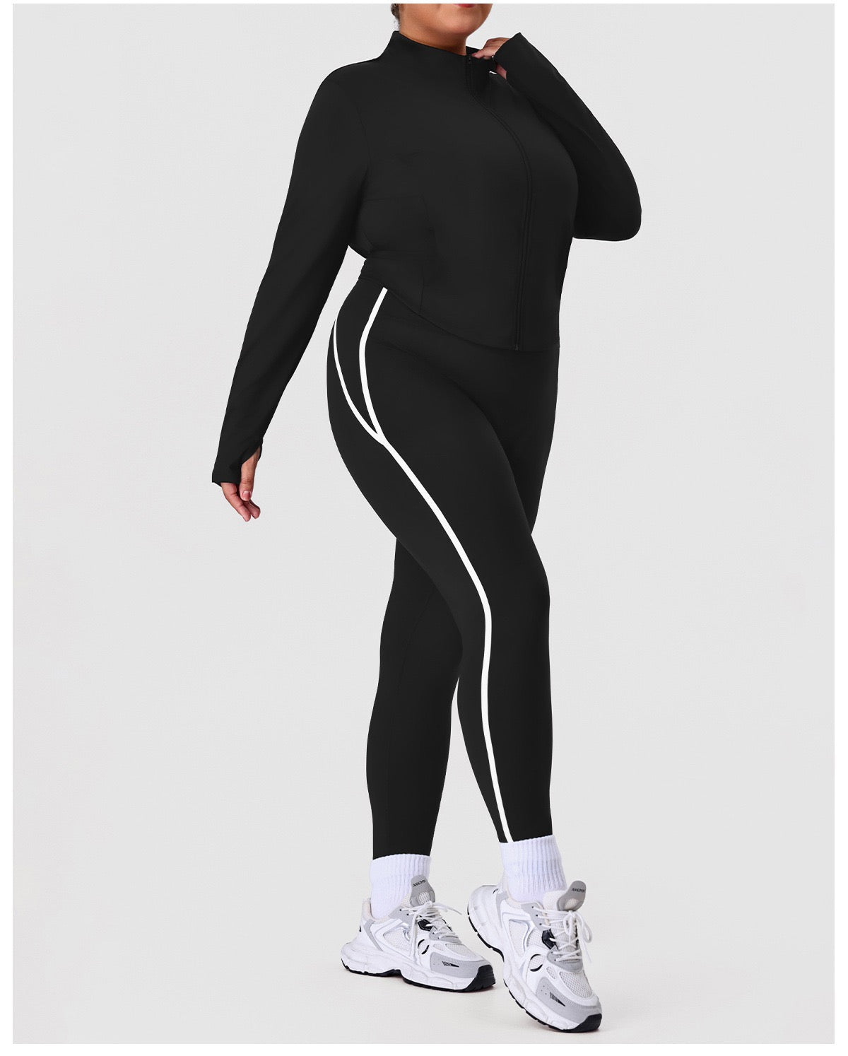 Plus Size Yoga Set — Stand Collar Jacket & Cropped Pants