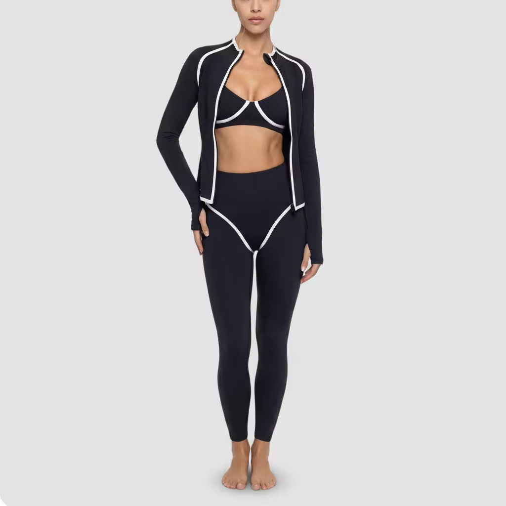 Women 3 piece yoga set with stand collar zipper fitness shaping cinched waist short sports long sleeve for cycling