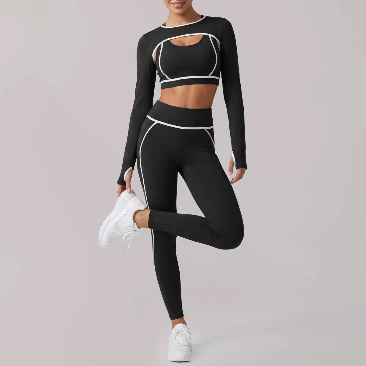 Nude 3 piece sport yoga suit women's high end shoulder top shockproof bra running tight sets