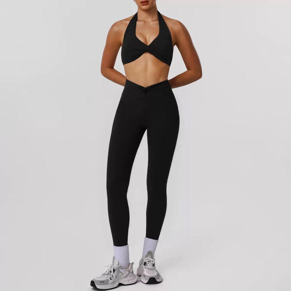 Yoga set twist pleated gathered bra tight height elastic sports pants training fitness yoga suit set