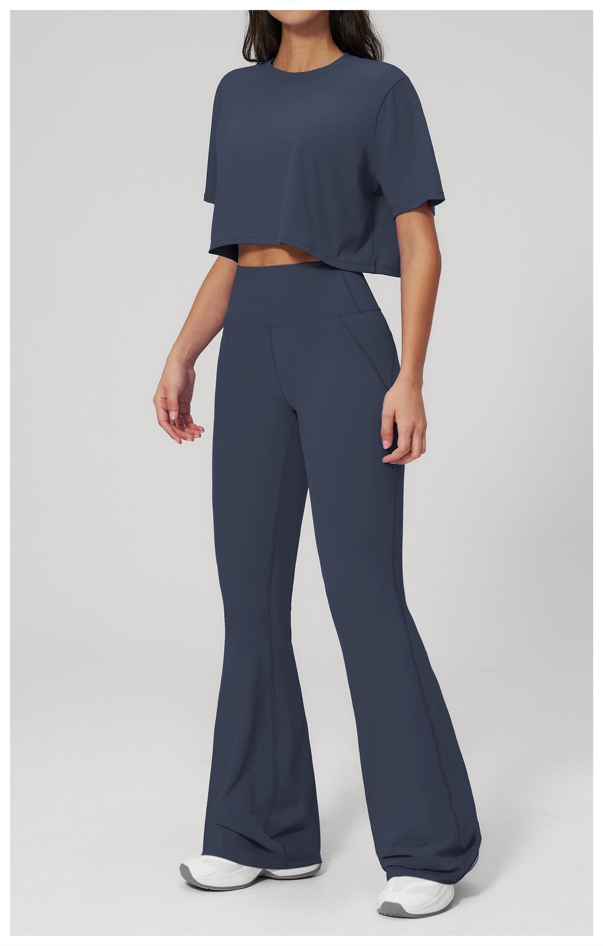 2-Piece Set — Asymmetric Sports Bra & Bell-Bottom Leggings