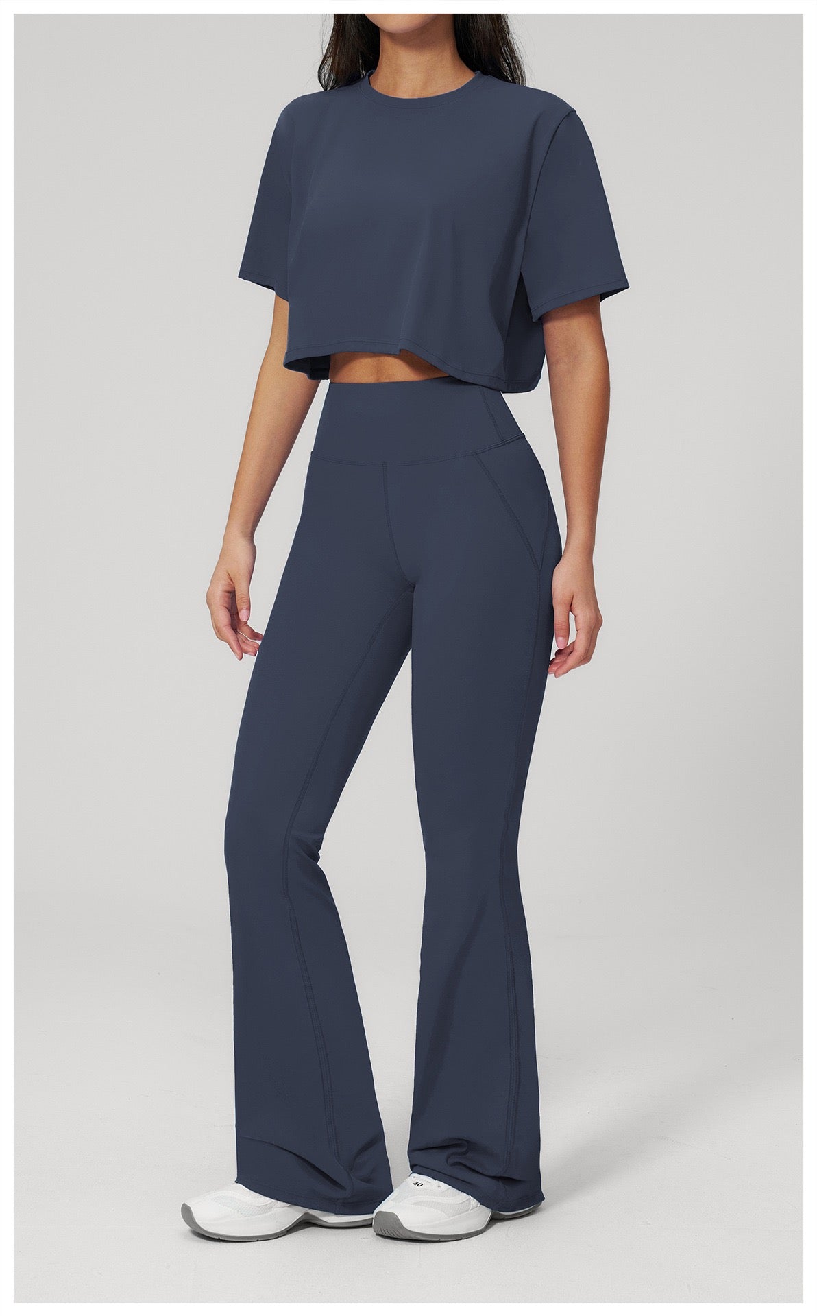 2-Piece Set — Asymmetric Sports Bra & Bell-Bottom Leggings
